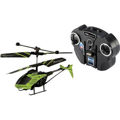 Un hélicoptère télécommandé vert avec des rayures noir et vert et sa télécommande assortie, adapté aux enfants et aux passionnés de modélisme.