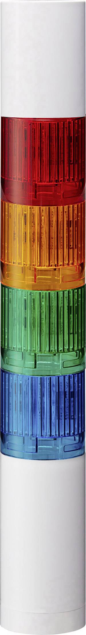 Une lampe indicatrice verticale comprenant quatre segments transparents colorés : rouge, orange, vert et bleu, disposés les uns au-dessus des autres.