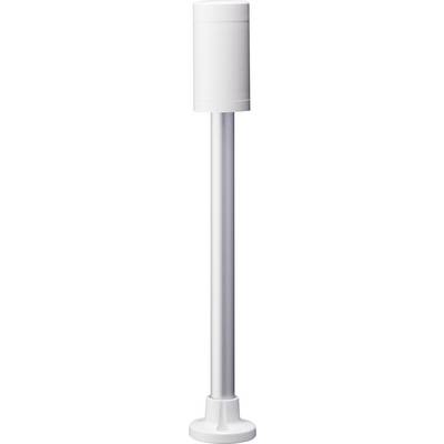 Une lampe sur pied blanche et élancée, dotée d'un abat-jour rond, reposant sur un socle stable.