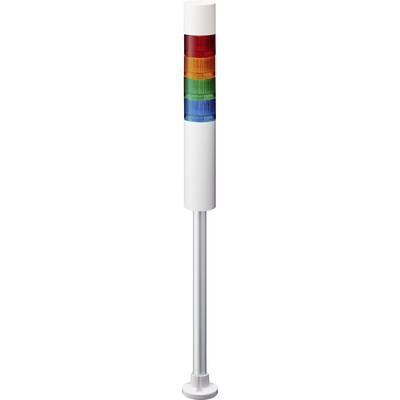 Un feu de signalisation à quatre lumières colorées (rouge, orange, vert, bleu) disposées verticalement, monté sur un socle blanc.
