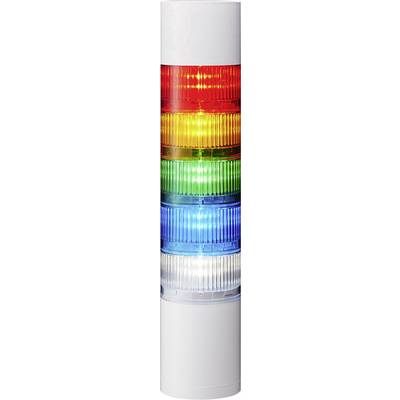 Un voyant de signalisation à cinq segments lumineux dans les couleurs rouge, jaune, vert, bleu et blanc pour l'indication de statut dans un environnement industriel.