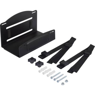 Kit de montage mural noir comprenant un support, des sangles, des vis et des chevilles pour la fixation sécurisée d'un appareil.