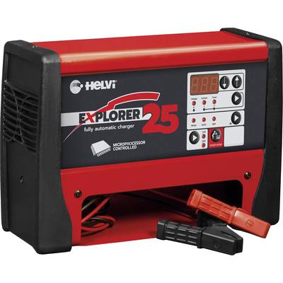 Un chargeur de batterie automatique avec affichage numérique, plusieurs touches de commande et deux bornes en noir et rouge.