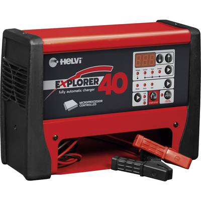 Chargeur de batterie avec affichage numérique et boutons de commande. Bornes rouge et noire. Marque 'Helvi Explorer 40'.