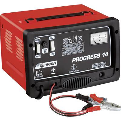 Chargeur de batterie rouge avec panneau de commande noir. Affiche les paramètres de charge, un sélecteur de tension pour 6V et 12V, un ampèremètre et des bornes.