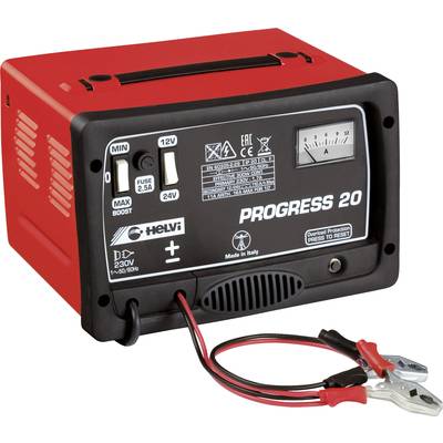 Chargeur de batterie rouge 'Progress 20' avec une construction robuste, différents réglages de tension et un instrument de mesure sur la face avant.