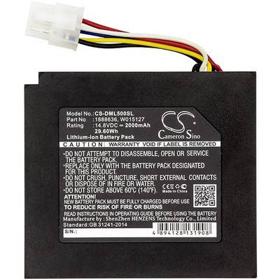 Batterie lithium-ion avec numéro de modèle CS-DML500SL, 2000mAh, 14,8V. Avertissements de sécurité : ne pas ouvrir, ne pas endommager ou brûler.