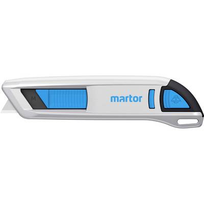 Un couteau de sécurité argent et bleu portant l'inscription 'martor', adapté pour couper des emballages ; lame rétractable.
