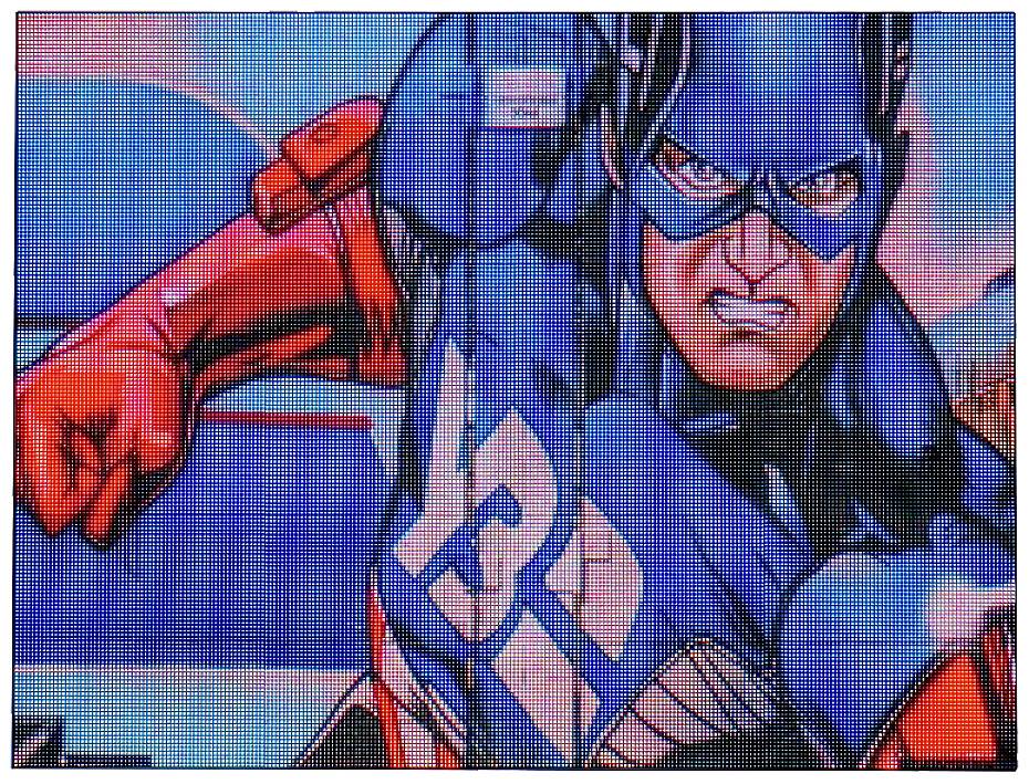 Un super-héros en costume bleu orné de motifs d'étoiles, portant une cape rouge et un masque, dans une pose de combat devant un fond bleu.