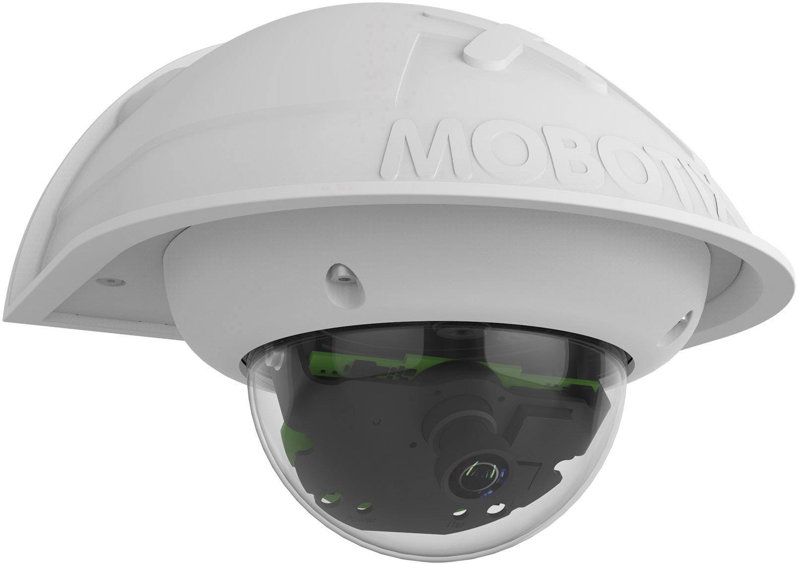 Caméra de surveillance avec boîtier sphérique, montée au plafond. Elle est blanche à l'extérieur avec une vitre de protection transparente.