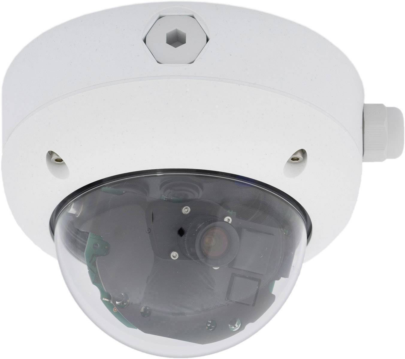Une caméra de surveillance blanche et circulaire à dôme transparent, montrant son objectif et ses composants internes.