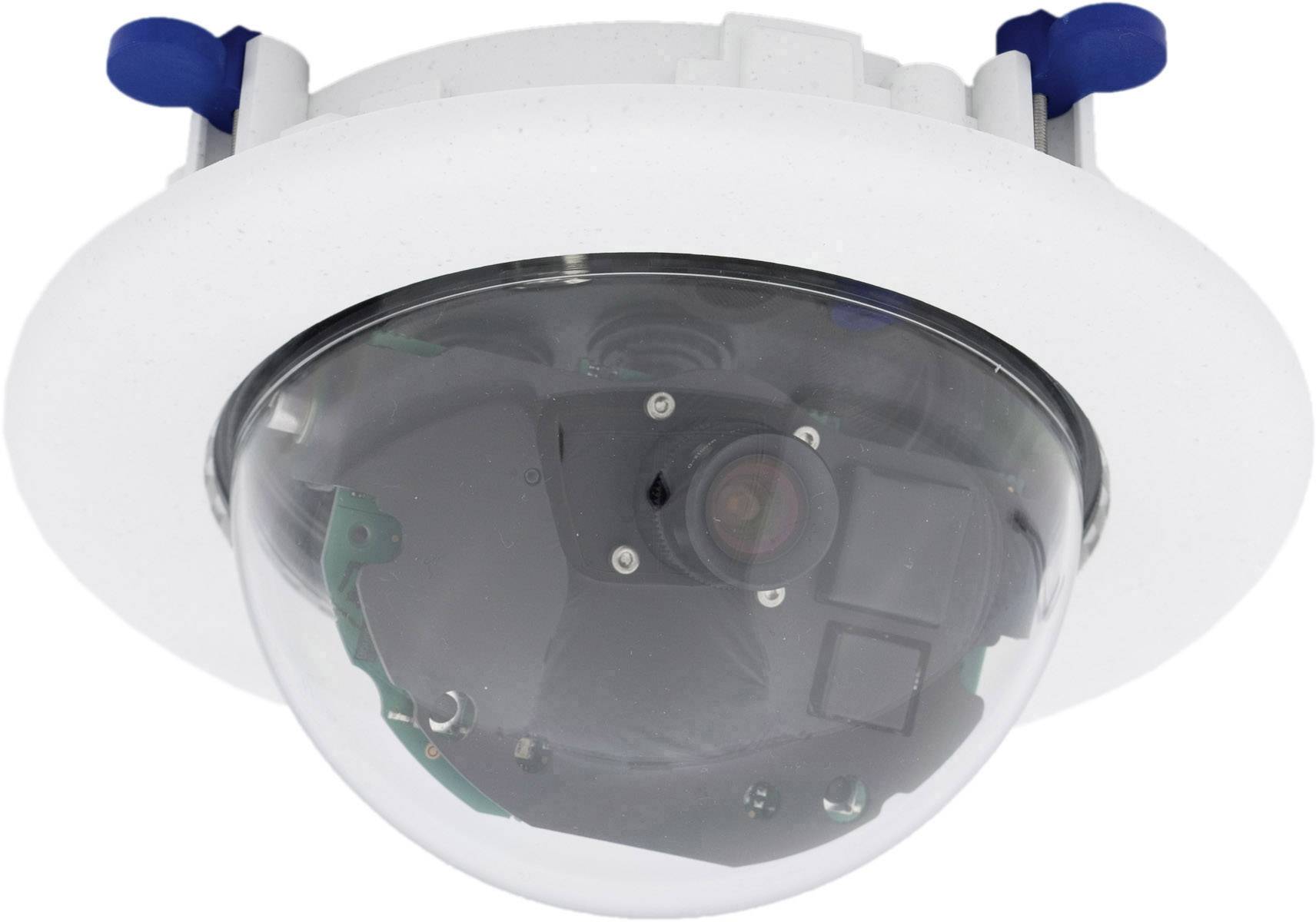 Caméra de surveillance encastrée au plafond avec dôme transparent, objectif visible, adaptée à la sécurité intérieure.