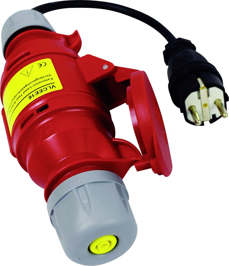 Adaptateur rouge avec câble noir, adapté pour les connexions électriques, portant le marquage CE et un avertissement jaune.