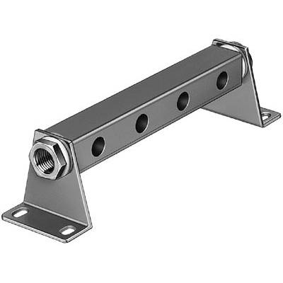 Équerre métallique à quatre trous, reliée par une tige filetée avec des écrous aux extrémités, destinée à être fixée sur une surface.