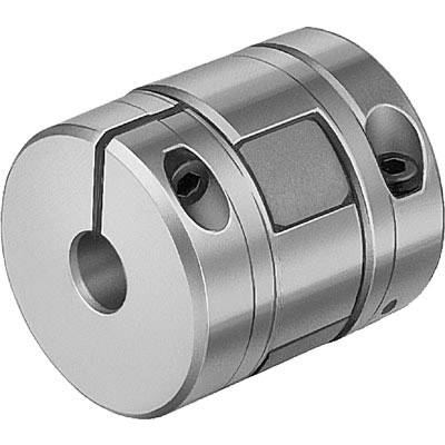 Accouplement métallique, forme cylindrique, avec des vis de fixation. Utilisé dans les systèmes mécaniques pour le transfert de mouvement.
