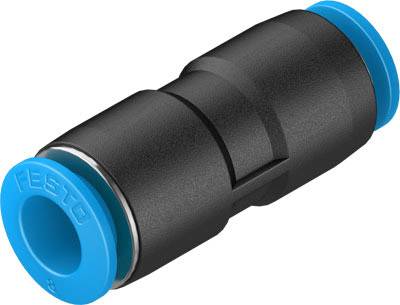 Connecteur de tuyau noir, cylindrique, avec embout bleu, utilisé pour raccorder des systèmes pneumatiques dans des applications industrielles.