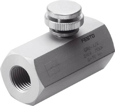 Une vanne de régulation Festo en argent, en métal, avec des détails techniques gravés. Elle a une forme cylindrique et un bouton rotatif sur le dessus.