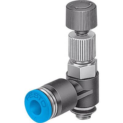 Une vanne avec un raccord bleu et un bouton de réglage argenté. Composant principal des systèmes pneumatiques pour le contrôle du flux d'air.