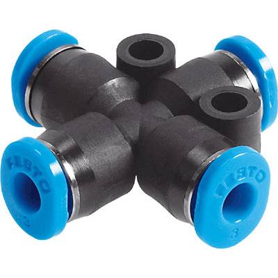 Un adaptateur en croix noir avec quatre extrémités de connexion bleues.