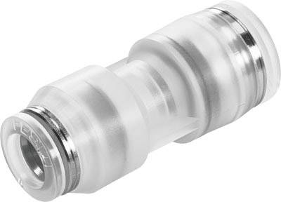 Un connecteur pneumatique transparent en plastique avec des bagues métalliques, pour les raccordements de tuyaux dans les systèmes pneumatiques.
