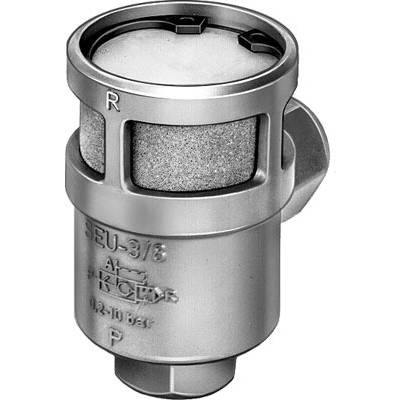 Petit filtre métallique cylindrique avec des pores et les lettres 'R' et 'P' gravées. Utilisé pour les systèmes à air comprimé pour la purification de l'air.