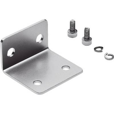 Équerre métallique avec quatre trous et deux vis ainsi que deux rondelles. Adaptée pour la fixation sur une surface.