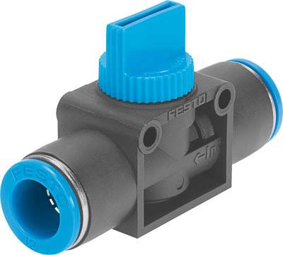 Un clapet d'arrêt pneumatique avec un capuchon de rotation bleu et un boîtier gris, pour le contrôle du flux d'air dans les conduites.