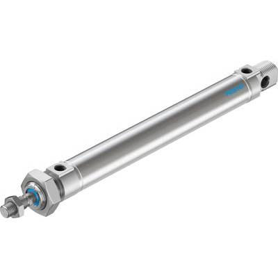 Un cylindre pneumatique métallique de Festo, de forme cylindrique avec des détails bleus, pour des applications en automatisation industrielle.