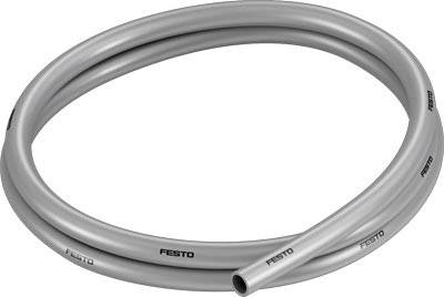 Tube en plastique gris et courbé portant l'inscription 'Festo' à différents endroits le long de sa surface.