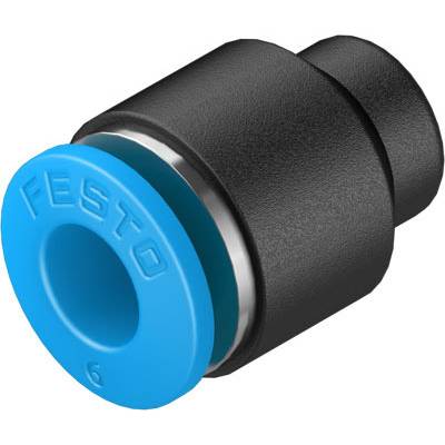 Un connecteur pneumatique noir avec une extrémité bleue, sur lequel est inscrit 'Festo'.