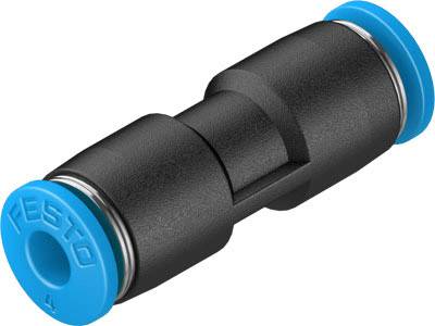 Connecteur en plastique noir avec des extrémités bleues et l'inscription 'Festo' sur un côté, utilisé pour raccorder des conduites dans des systèmes pneumatiques.