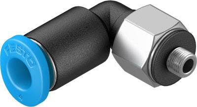 Raccord d'angle avec connecteur bleu et raccordement à vis argenté. Utilisé dans les systèmes pneumatiques pour la connexion.