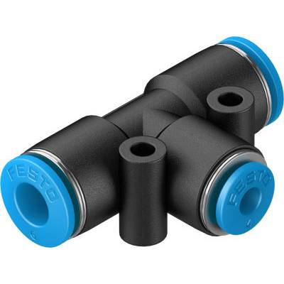 Raccord en T noir pour tuyaux pneumatiques, équipé de bouchons de fermeture bleus aux extrémités ; utilisé pour la connexion de conduites d'air comprimé.