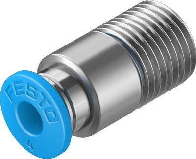 'Une tête de vis métallique avec un capuchon en plastique bleu sur lequel est inscrit le mot FESTO. La pièce est cylindrique avec un filetage strié.'