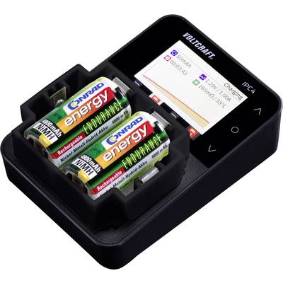 Chargeur avec écran LCD affichant l'état de charge de quatre piles AA ; 80% chargées, capacité de 860 mAh, température de 33°C.
