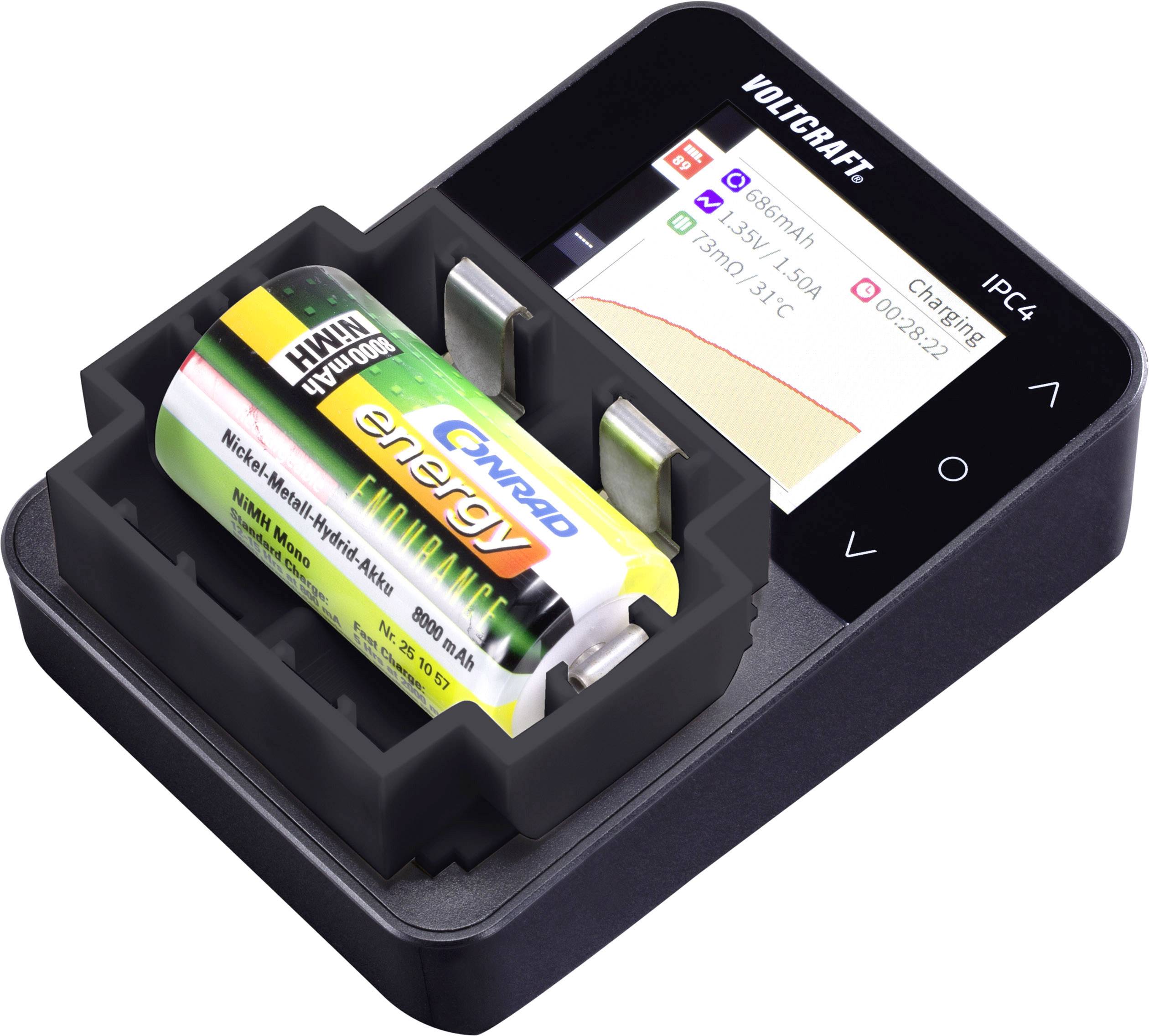 L'image montre un chargeur avec une batterie insérée. L'écran de l'appareil affiche le processus de charge et les informations de la batterie.