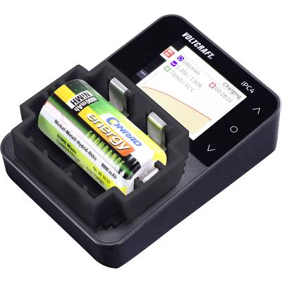 L'image montre un chargeur avec une batterie insérée. L'écran de l'appareil affiche le processus de charge et les informations de la batterie.