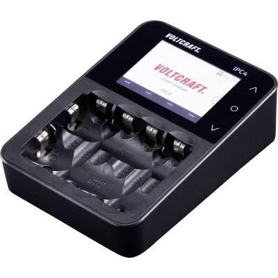 Chargeur avec quatre emplacements pour batteries. L'écran affiche 'VOLTCRAFT. SMART CHARGING IPC-4'. Touches latérales pour le contrôle.