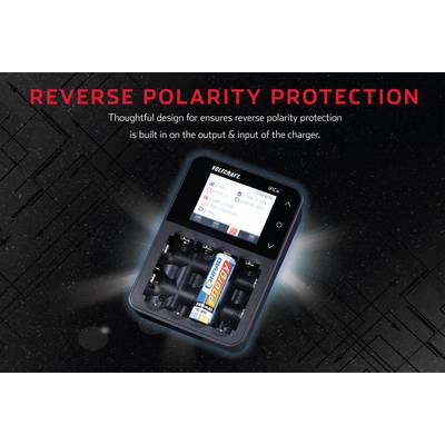 Chargeur de batterie avec une batterie insérée et un écran. Le texte : 'PROTECTION CONTRE L'INVERSION DE POLARITÉ' décrit une fonction de sécurité.