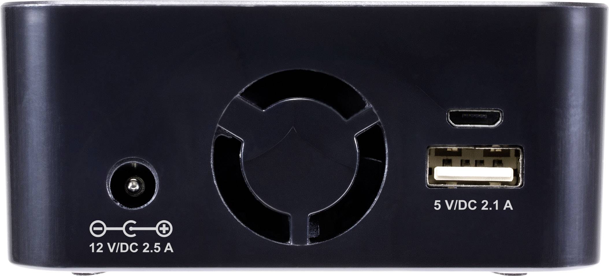 Arrière d'un appareil électronique avec des ports de connexion : 12 V CC, 2,5 A et 5 V CC, 2,1 A, ainsi qu'un ventilateur au centre.