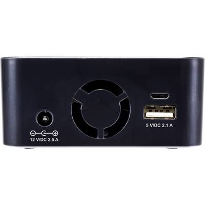 Arrière d'un appareil électronique avec des ports de connexion : 12 V CC, 2,5 A et 5 V CC, 2,1 A, ainsi qu'un ventilateur au centre.