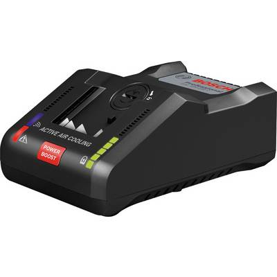 Chargeur noir de Bosch avec 'ACTIVE AIR COOLING' et commutateur 'POWER BOOST'. Les LED indiquent l'état de charge. Adapté aux appareils à batterie.