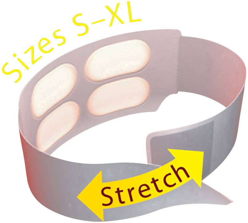 Une ceinture flexible et extensible dans des tons clairs, portant les mentions 'Stretch' et 'Tailles S-XL'.