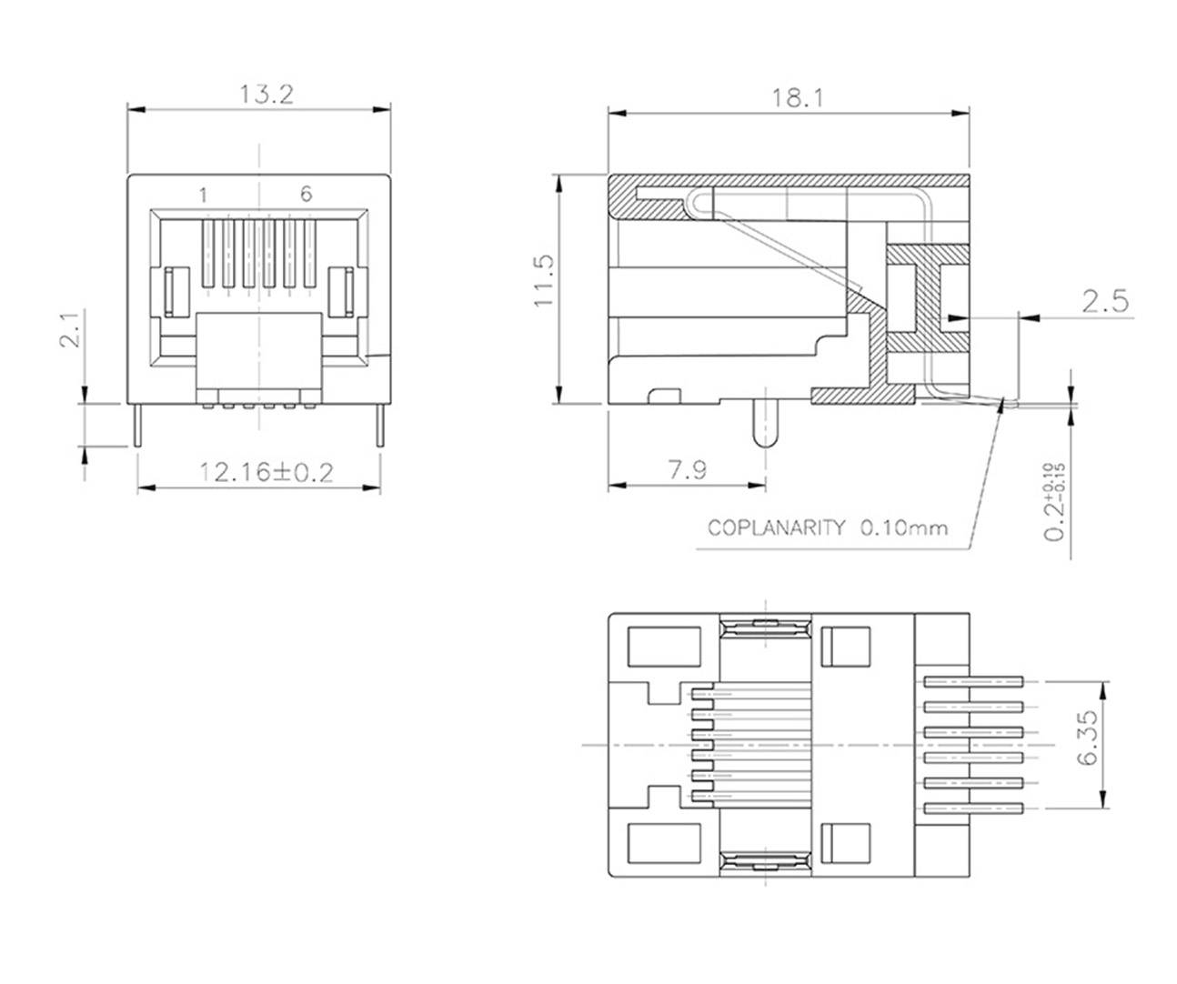 Dessin technique d'un connecteur RJ45 avec dimensions. Présente une vue de face, de dos et de côté avec indications des mesures.