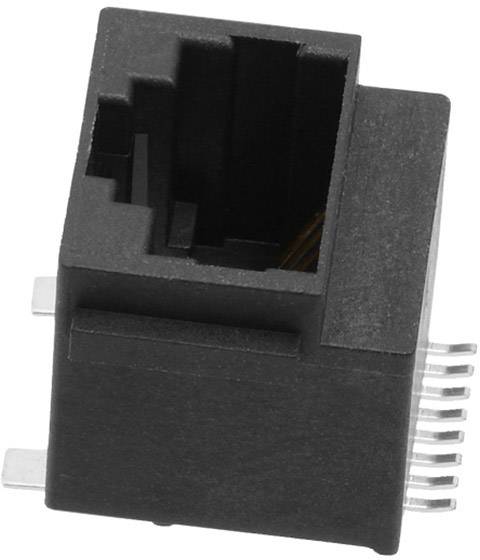 Une prise RJ45 noire à huit broches métalliques pour la connexion de câbles Ethernet.