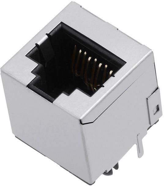 Un port Ethernet argenté en gros plan avec des contacts dorés visibles, situé dans un boîtier rectangulaire en métal.