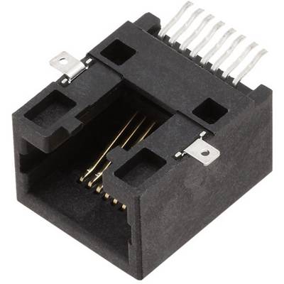 Un connecteur Ethernet noir avec huit contacts métalliques et des pattes de fixation pour un montage sur circuit imprimé.