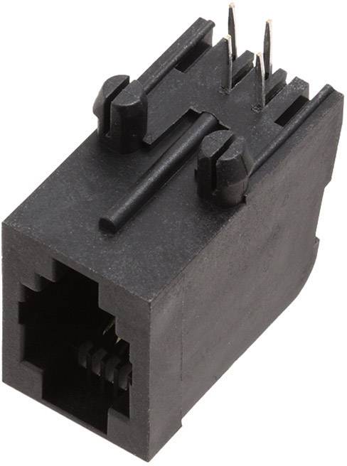 Une prise RJ45 noire à huit broches avec fixation sur circuit imprimé. Utilisée pour les connexions réseau.