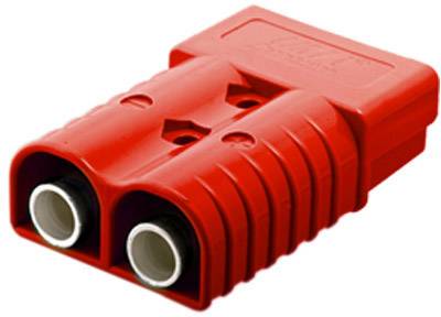 Un connecteur bipolaire rouge pour applications électriques, avec un boîtier en plastique robuste et deux pôles visibles.