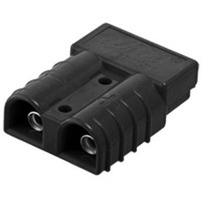 Une fiche noire rectangulaire avec deux connecteurs ronds, adaptée aux connexions électriques.